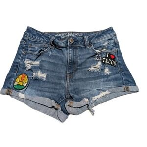 American Eagle Hi-Rise Shorts Size 4 Shortie Stretch Distressed Embroiderd Tacos